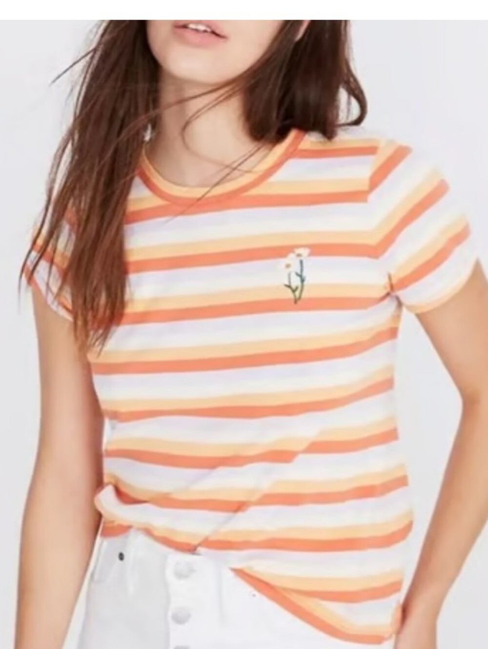 Madewell 100% Cotton Striped Short-Sleeve Tee With Embroidered Daisies